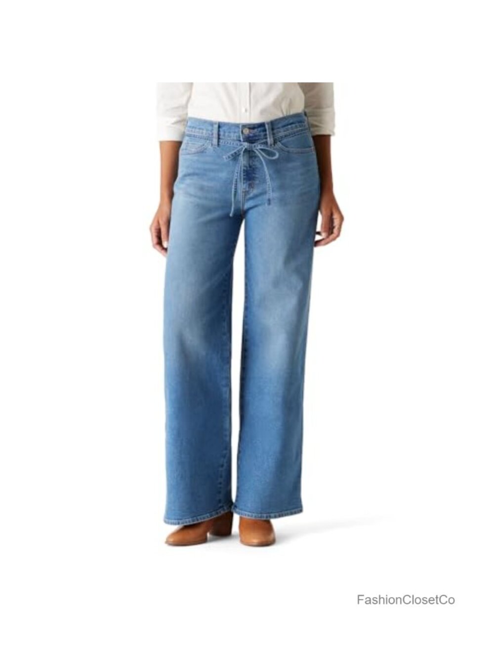 Women's Heritage Belted Wide Leg Jeans Mid Rise Stretch Denim